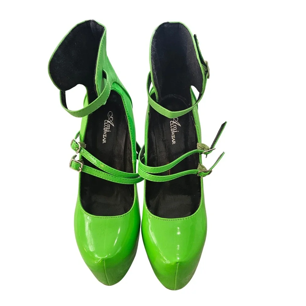 Ami Clubwear Neon Green‎ Patent Leather Platform Pumps Triple Buckle Strap Heels